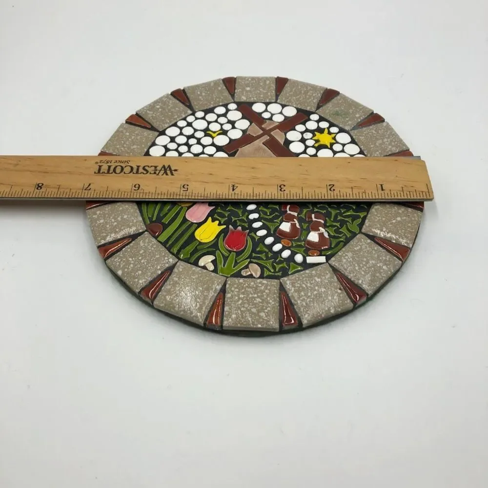 Vintage Mosaic Brown Ceramic Tile Art Trivet Round Windmill Country Farm House